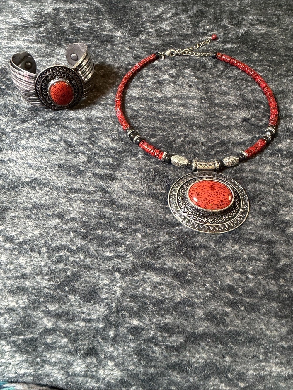 Premier Designs Red Statement Necklace & Cuff Bracelet Set Boho Southwest
